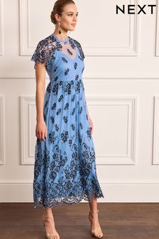 Blue/Black Floral Lace High Neck Short Sleeve Midi Dress (U01858) | €42