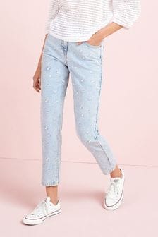 Mid Blue Ditsy Floral Embroidered Mom Jeans (U02164) | $78
