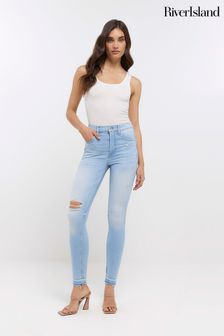 River Island Blue High Rise Tummy Hold Ripped Skinny Jeans (U02337) | $108