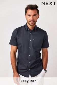 Marineblau/Ockergelb bedruckt - Regular Fit, kurzärmelig - Pflegeleichtes Button-Down-Oxford-Hemd (U02581) | 27 €