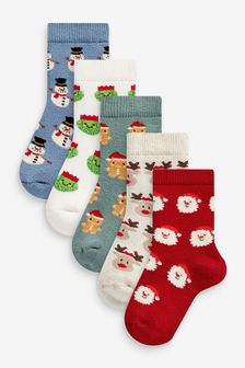 Blue/White/Red Christmas Character 5 Pack Cotton Rich Terry Socks (U03116) | kr100 - kr113