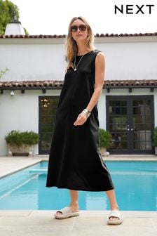Black Sleeveless Cotton Jersey Midi Summer Dress (U03217) | AED104