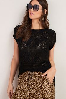 Black - Knit Look Crochet Short Sleeve T-shirt (U04153) | MYR 106