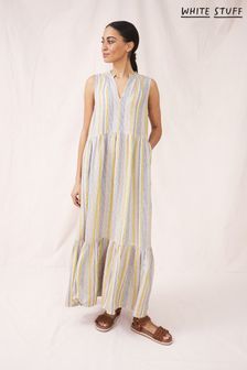 White Stuff Sophia White Stripe Linen Maxi Summer Dress (U04206) | ₪ 451