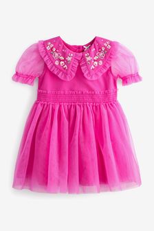 Fuchsia Pink Embellished Mesh Collar Dress (3mths-8yrs) (U06050) | €29 - €36