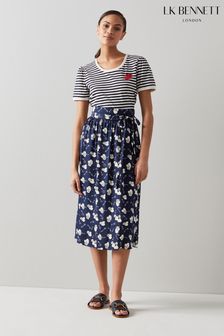 LK Bennett Valerie Navy and Cream Lock and Heart Print Midi Skirt (U06530) | ₪ 927