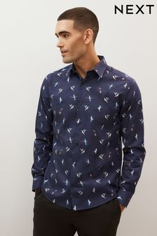 Navy Blue Hummingbird Regular Fit Printed Trimmed Shirt (U06895) | AED75
