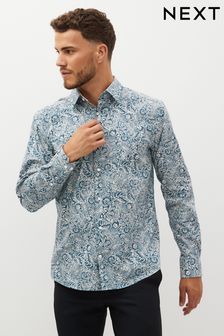 Niebieski/neutralny wzór paisley - Standardowy krój - Koszula z wykończeniem we wzór (U06899) | 88 zł