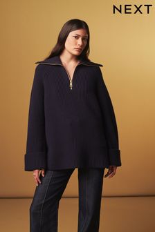 Mornarsko modra - Premium 100% volne dolg pulover z zadrgo (U06944) | €58