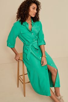 Зеленый - Платье-рубашка с ремнем (U08235) | 25 230 тг