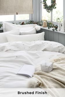 White Brushed Embroidered Star Duvet Cover and Pillowcase Set (U08361) | $89 - $156