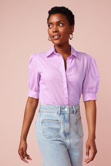 Lilac Purple Short Sleeve Button Through Cotton Blouse (U08492) | SGD 35