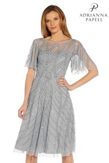 Adrianna Papell Silver Beaded Midi Dress (U09137) | $478