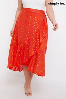 Simply Be Orange Print Tie Waist Frill Midi Skirt With Rainbow Spot (U09238) | €37