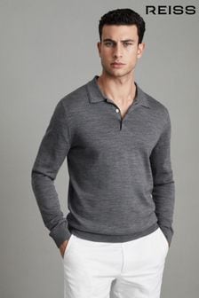 Reiss Mid Grey Melange Trafford Merino Wool Polo Shirt (U09770) | €149