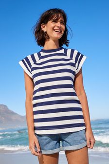 Marineblau/Weiß - Kurzärmeliges, gestreiftes Jersey-Sweatshirt (U09815) | 16 €