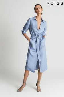 Reiss Blue Emily Linen Belted Shirt Dress (U09911) | $310