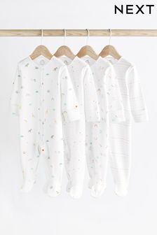 Bele svetle Animal - Komplet 4 spalnih pajacev z dolgimi rokavi in potiskom za dojenčke (0–2 let) (U09995) | €25 - €28