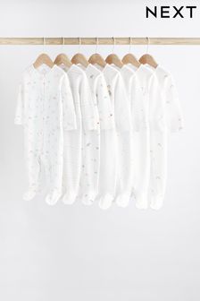 White Bright Animal 7 Pack Baby Printed Long Sleeve Sleepsuits (0-2yrs) (U09997) | OMR14 - OMR15