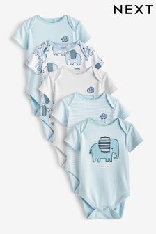 Blue and White Elephant Long Sleeve Baby Bodysuits 5 Pack (U10679) | AED85 - AED103