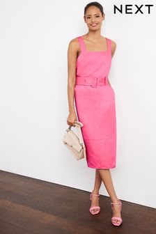 Pink Tailored Linen Blend Belted Midi Dress (U10867) | OMR25