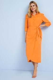 برتقالي - فستان قميص تويل متوسط الطول (U10868) | 165 د.إ