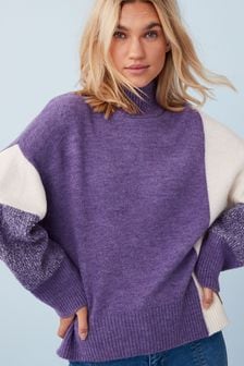 Purple/White Colourblock High Neck Relaxed Fit Long Sleeve Jumper (U11625) | 41 €