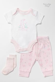Rock-A-Bye Baby Boutique Pink Bunny Print Cotton  Baby Gift Set 3-Piece