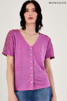 Monsoon Purple Button Through Lace Linen T-Shirt (U11960) | €60