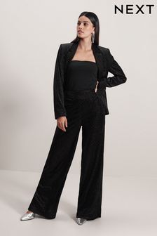 Zwart - Maatgesneden fluwelen versierde broek met wijde pijpen (U11972) | €28