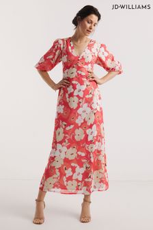 Jd Williams Cayenne Geblümtes Kleid aus Chiffon mit Puffärmeln, Rot (U12034) | 34 €
