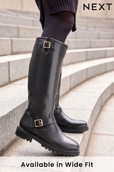Black Forever Comfort® Buckle Detail Knee High Boots (U12121) | SGD 167