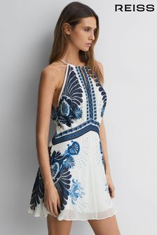 Reiss Blue Brianna Printed Halter Neck Mini Dress (U12783) | SGD 518