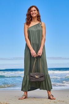 ירוק חאקי - שמלת מקסי על כתף אחת (U12867) | ‏128 ₪