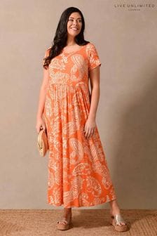 Live Unlimited Curve Paisley Print Cap Sleeve Maxi Orange Dress (U12913) | €34