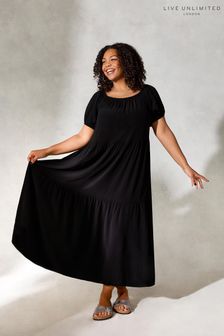 Черное ярусное платье макси со спущенными плечами Live Unlimited Curve (U12939) | €47