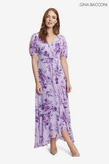 Gina Bacconi Purple Elda Long Printed Dress With Surplice Neckline With Short Sleeve (U12966) | €151