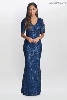 Modra dolga obleka A-kroja z bleščicami Gina Bacconi Jeselle (U12973) | €216