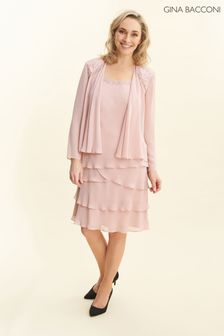 Gina Bacconi Pink Camira Lace Shoulder Bead Tier Jacket Dress (U12974) | €212