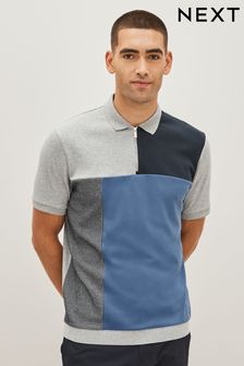 Умеренный синий - Черно-коричневая рубашка поло в стиле колор блок с короткими рукавами (U12987) | €17