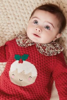 Red Christmas Pudding Knitted Baby Collared Jumper (0mths-2yrs) (U13375) | $27 - $31