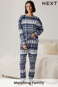 Navy Blue Fairisle Pattern Matching Family Womens Christmas Cotton Pyjamas (U13787) | $43