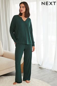 Dark Green Rib Long Sleeve Pyjamas (U13853) | $44