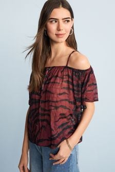 Brown Floral Sparkle Strappy Bardot Top (U14006) | 57 zł