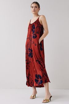 Brown Floral Strappy Satin Cami Summer Dress (U14023) | $42