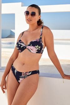 Navy Floral Wired Padded Plunge Top Shaping Bikini Top (U14324) | €12
