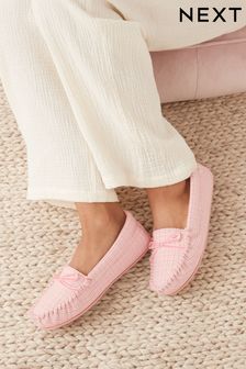 Pink Check Faux Fur Lined Moccasin Slippers (U14901) | €9