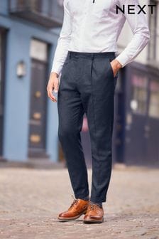 Navy Blue Herringbone Relaxed Tapered Pleated Nova Fides Wool Blend Formal Trousers (U15601) | 22 €