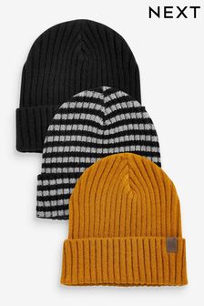 Black/Grey/Ochre Yellow - מארז 3 כובעי גרב בסריגת ריב נמתחת (גילאי 1 עד 16) (U15840) | ‏50 ₪ - ‏97 ₪