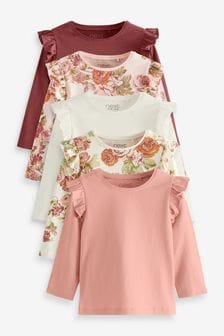 Pink Floral 5 Pack Long Sleeve Cotton T-Shirts (3mths-7yrs) (U16023) | AED94 - AED112